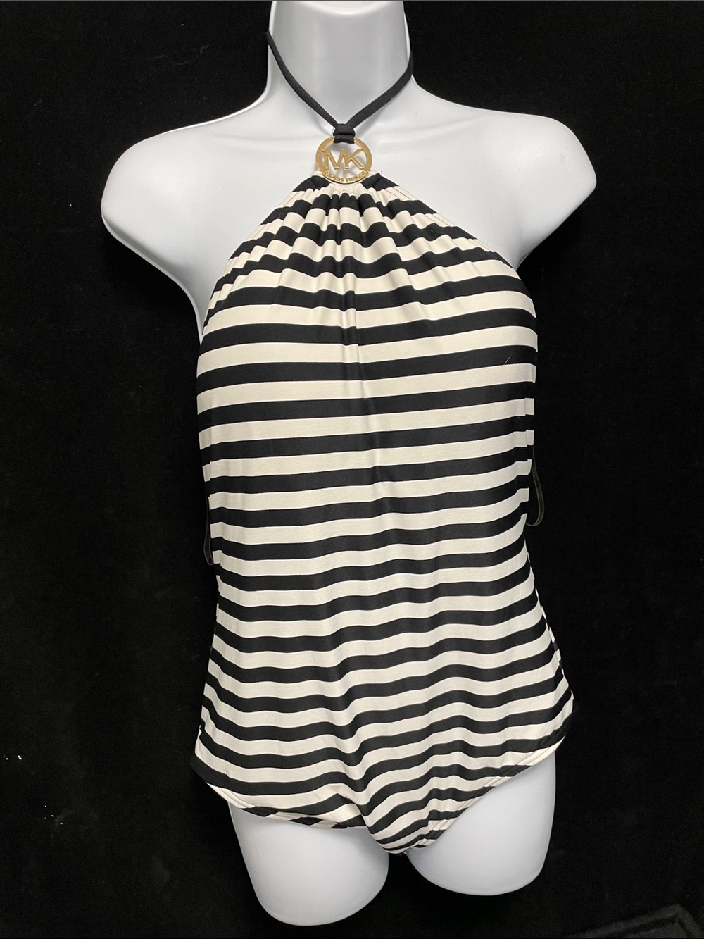 Women’s EUC MICHAEL KORS striped 1-piece swimsuit with a gold-tone MK logo ring.